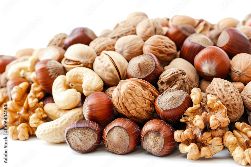 A pile of nuts including walnuts, cashews, and almonds A pile of nuts including walnuts, cashews, and almonds
