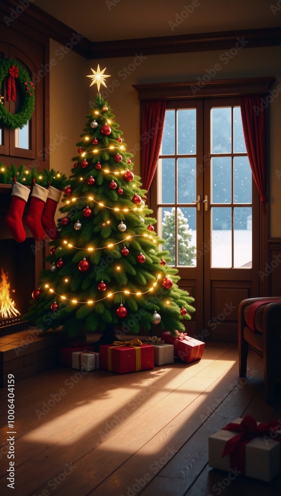 A cozy Christmas-themed setting with twinkling lights adorning snowy landscapes at night A cozy Christmas-themed setting with twinkling lights adorning snowy landscapes at night