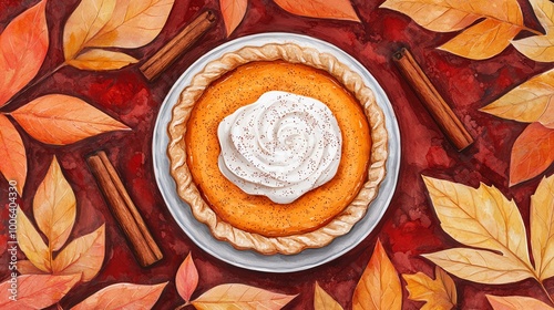 Pumpkin pie with whipped cream, autumn leaves photo