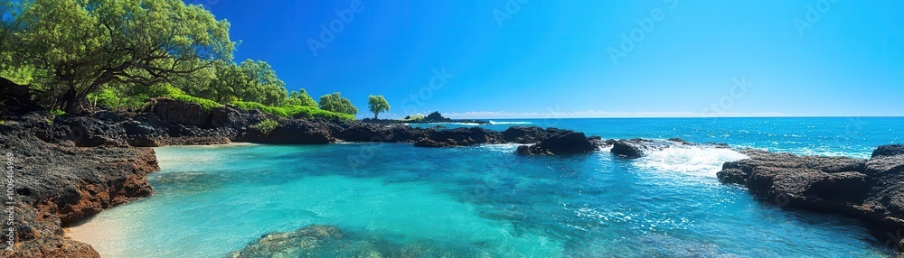 Naklejka premium A serene beach scene with clear turquoise water and lush greenery, perfect for a tropical escape or vacation setting.