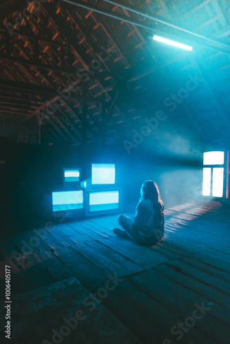 lonely girl sitting in front of many tv's in a scary barn