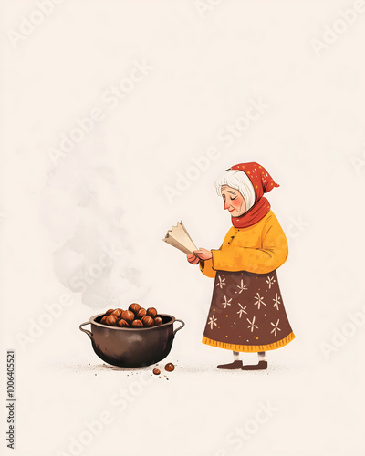 Old lady in traditional clothing, holding a bag of roasted chestnuts next to a steaming pot. Theme of Spanish holiday 