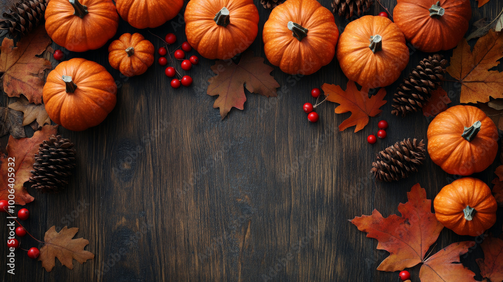 Pumpkins of varying sizes, fall leaves in shades of orange, red berries, and pine cones carefully scattered on a deep, textured wood surface. Pumpkins of varying sizes, fall leaves in shades of orange, red berries, and pine cones carefully scattered on a deep, textured wood surface.