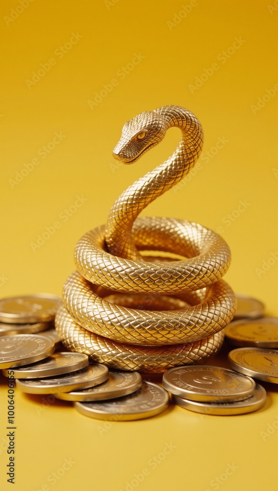 Obraz premium A gold-colored serpent intricately entwined on a pile of sparkling coins represents New Years 2025 and signifies wealth and prosperity