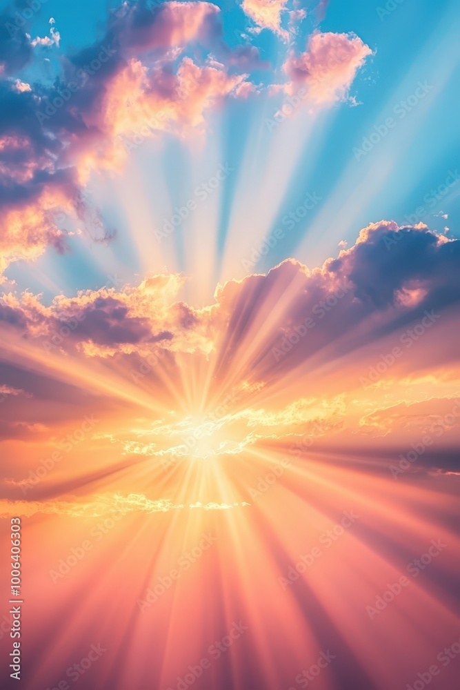 A breathtaking sunrise showcasing radiant light bursting through soft clouds, painting the sky with vibrant colors and creating a serene atmosphere.