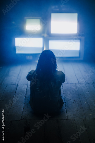 female person sitting alone on the floor in front of many displays or tv's in scary location