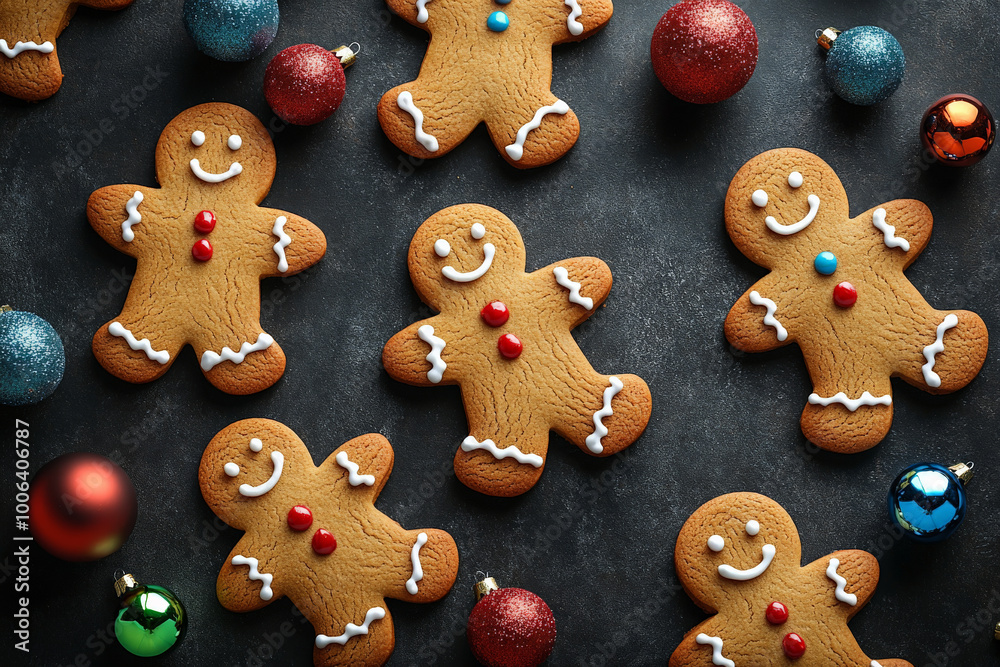 A festive top view of gingerbread men cookies adorned with icing, artfully arranged on a dark background, interspersed with colorful Christmas balls, creates a magical holiday atmosphere that captures A festive top view of gingerbread men cookies adorned with icing, artfully arranged on a dark background, interspersed with colorful Christmas balls, creates a magical holiday atmosphere that captures