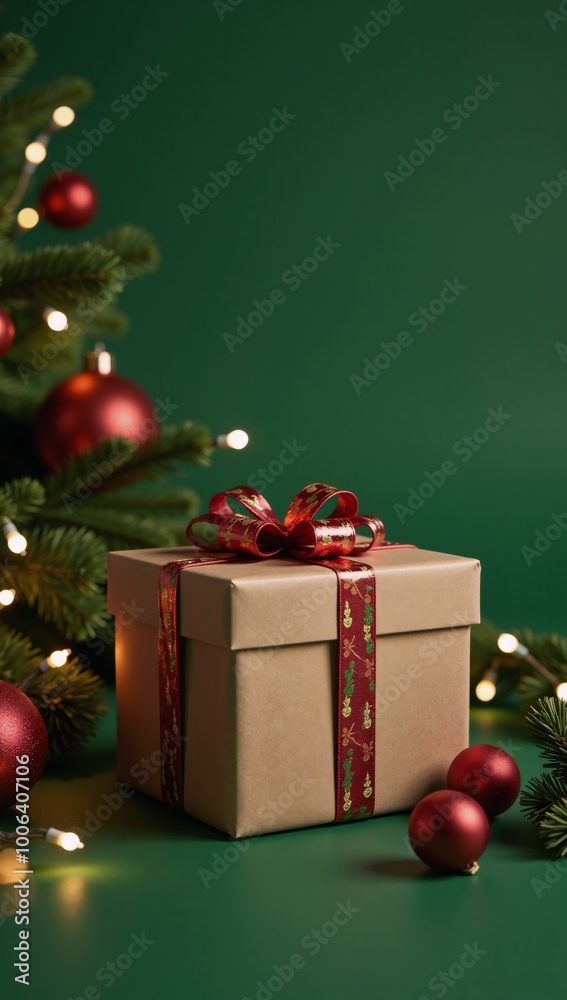 A 3D-rendered Christmas scene showcases vibrant decorations around a present-filled green backdrop A 3D-rendered Christmas scene showcases vibrant decorations around a present-filled green backdrop