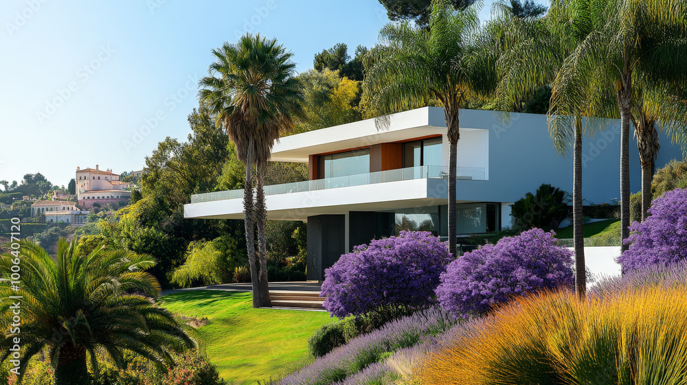 Obraz premium A picturesque view of a modern white house nestled in an exotic Portuguese garden, featuring a combination of palms, delicate lavender, and the rich purple blossoms of jacaranda trees in full bloom.