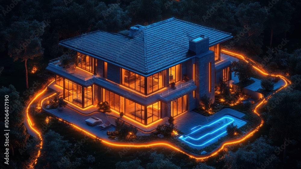 Obraz premium Modern illuminated house surrounded by a glowing pathway at night.