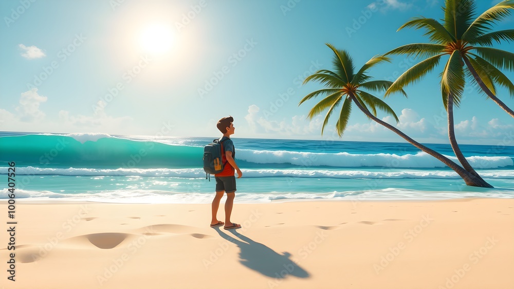 3D cartoon adventurer exploring tropical island beach 3D cartoon adventurer exploring tropical island beach
