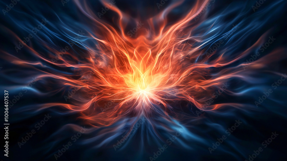 A vibrant and dynamic abstract display of energy, showcasing swirling patterns and radiant colors in a dark background.