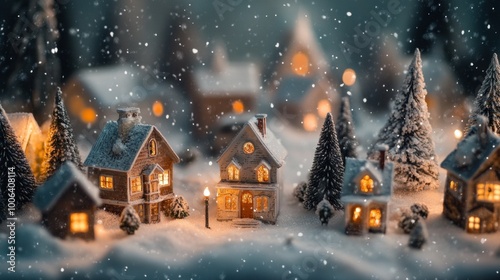 Charming snow-covered village, tiny houses under gentle snowfall, heartwarming holiday magic and cheerful ambiance.