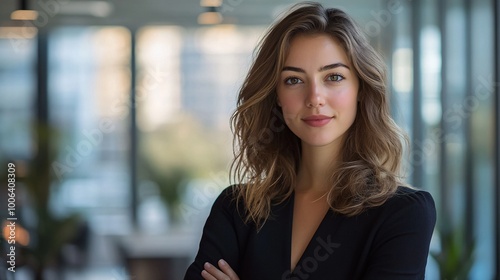 A portrait shot of a successful businesswoman standing confidently with arms crossed, inside a modern office photo