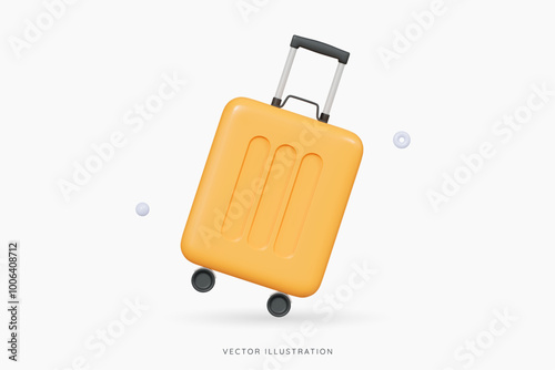 3D Yellow wheeled suitcase for travel. Cabin luggage. Plastic bag for flight. Journey concept. Time to tourism and vacation. Booking your next trip. Cartoon design icon. 3D Vector illustration