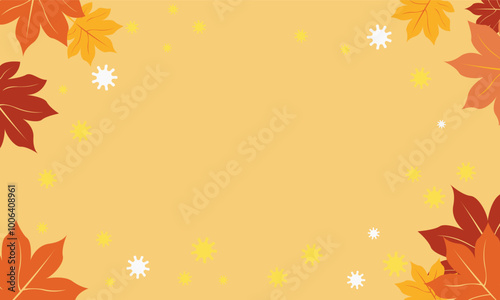 Autumn-themed background with colorful leaves framing a blank center. Red, orange, and yellow leaves are scattered with white and yellow accents on a warm beige backdrop.