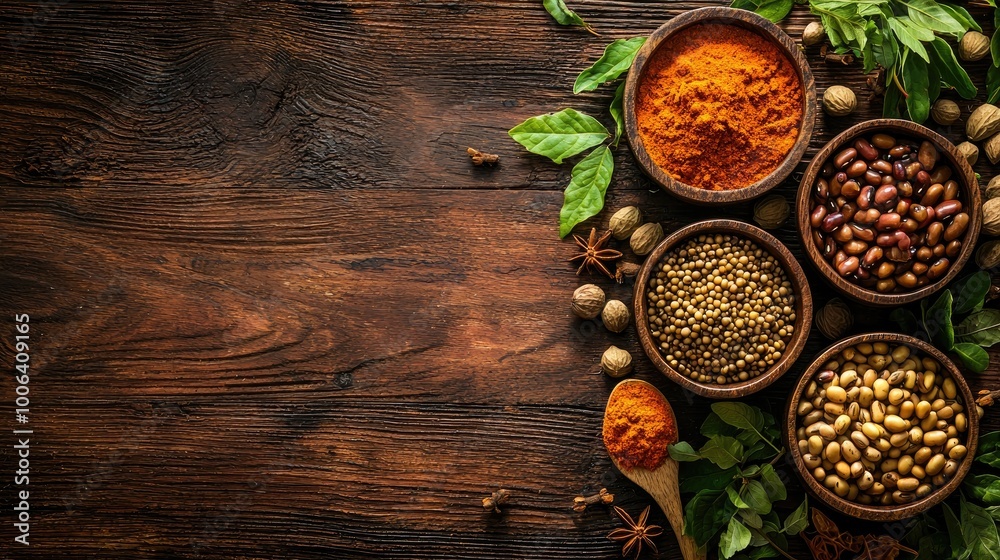show a high quality image of a kitchen table with indian masalas and masala beans and leaves and cloves and keep some space on the tope left corner to put some space show a high quality image of a kitchen table with indian masalas and masala beans and leaves and cloves and keep some space on the tope left corner to put some space