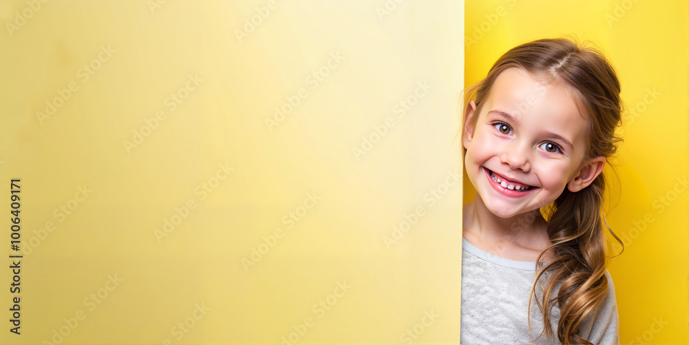 Smiling little girl peeking from behind a yellow wall Smiling little girl peeking from behind a yellow wall