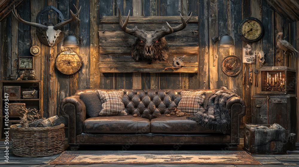 Rustic cabin interior featuring large leather sofa, wooden walls, and decorative elements like antlers and vintage clocks, creating cozy and inviting atmosphere Rustic cabin interior featuring large leather sofa, wooden walls, and decorative elements like antlers and vintage clocks, creating cozy and inviting atmosphere
