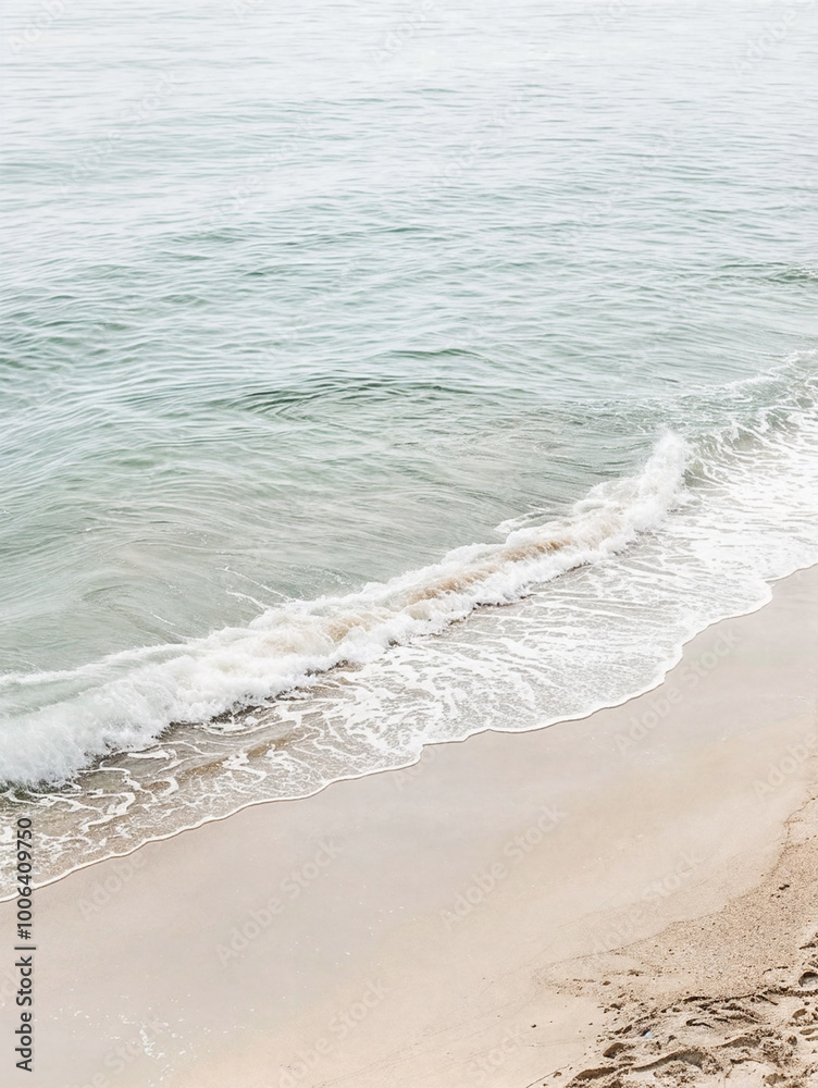 A sandy beach with the ocean waves coming in. The water appears calm. The sand is light brown.