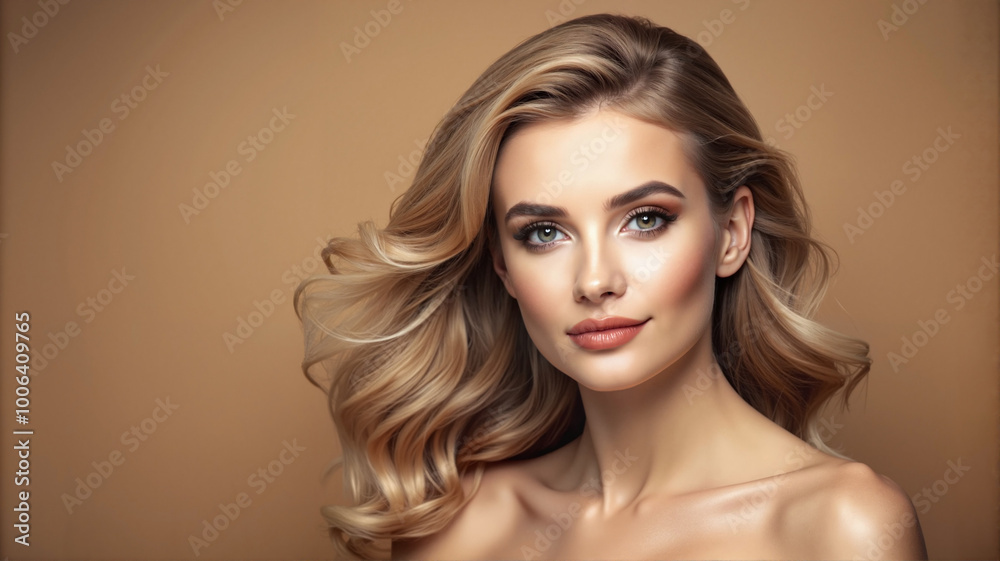 Fototapeta premium Blonde woman with voluminous waves and subtle makeup on beige background