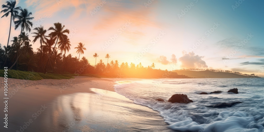 Obraz premium Tropical Tranquil Sunrise Beach Scene with Palm Trees and Gentle Waves. Idyllic Vacation Destination