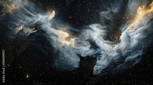 space nebula background. The lighting is dramatic and hints of silver, gold, and blue shimmer in the light on a black background. It evokes feelings 