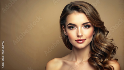 Elegant woman with wavy hair against neutral background