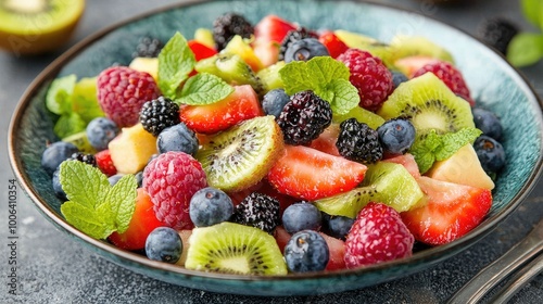 SpÃ¤tsommerlicher Obstsalat mit Honig-Joghurt-Dressing Pfirsiche Nektarinen Himbeeren Blaubeeren Trauben, halbiert Kiwi frische MinzblÃ¤tter