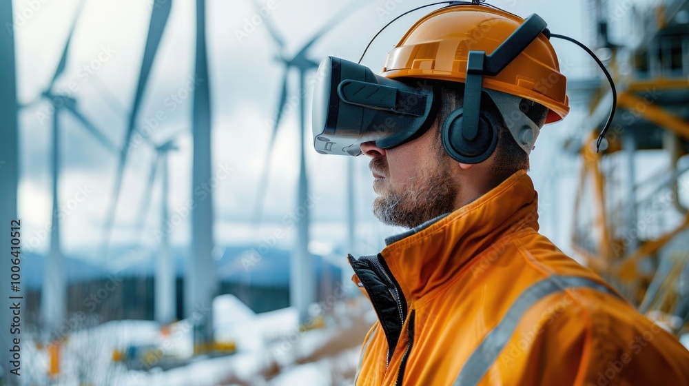 Construction worker wearing a VR headset in front of wind turbines. Construction worker wearing a VR headset in front of wind turbines.