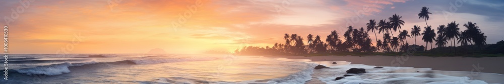 Obraz premium Tropical Tranquil Sunrise Beach Scene with Palm Trees and Gentle Waves. Idyllic Vacation Destination. Panoramic View
