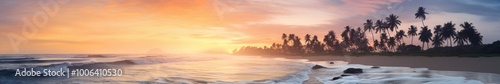 Tropical Tranquil Sunrise Beach Scene with Palm Trees and Gentle Waves. Idyllic Vacation Destination. Panoramic View