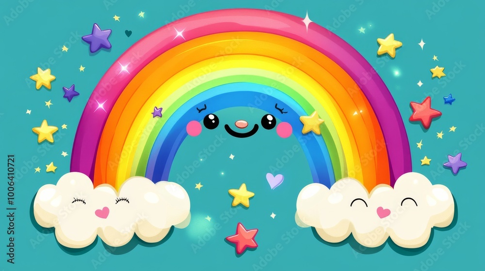 A vibrant smiling rainbow with colorful rays and playful elements in a cartoon vector style A vibrant smiling rainbow with colorful rays and playful elements in a cartoon vector style