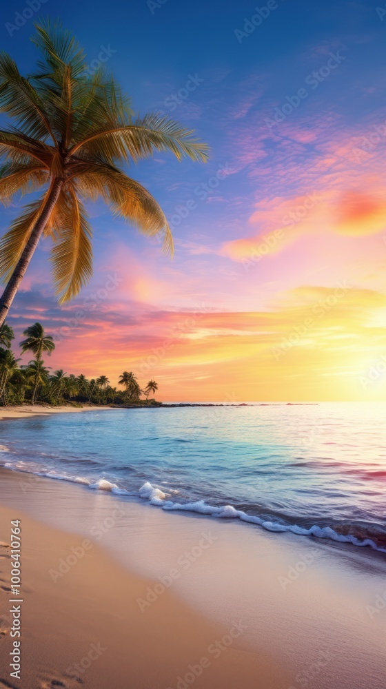 Tropical Tranquil Sunrise Beach Scene with Palm Trees and Gentle Waves. Idyllic Vacation Destination