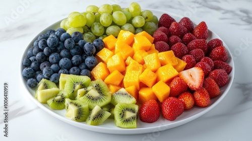 Wallpaper Mural strawberries, blueberries, green grapes, diced mangos, mandarin orange slices, diced kiwi, diced pineapple and maraschino cherries white plate, Torontodigital.ca