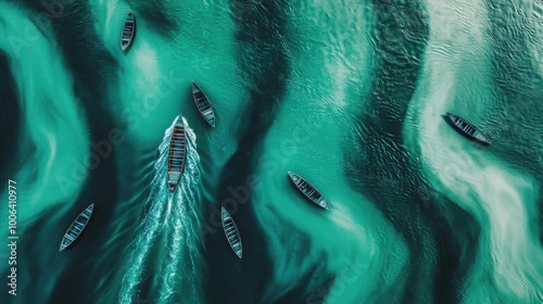 A flowing river with various sized boats, all navigating towards the same direction. The largest boat, leadership, is guiding the others in formation