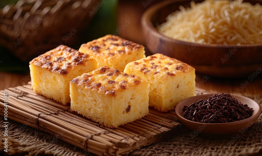 Close-up of four freshly baked cheese squares on a wooden board, with grated cheese in a wooden bowl and chocolate sprinkles in a small bowl.