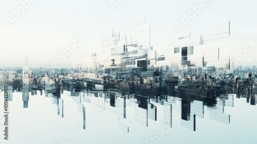 A futuristic cityscape in flux, with buildings shifting and adjusting, the ongoing and dynamic process of corporate restructuring and adapting to new environments photo