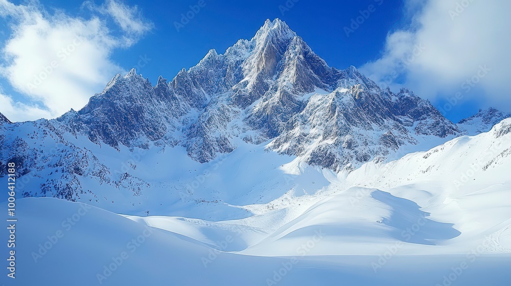 A majestic snow-covered mountain peak under a clear blue sky. A majestic snow-covered mountain peak under a clear blue sky.