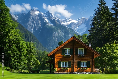 The beautiful view of a mountain house with green trees in the mountains