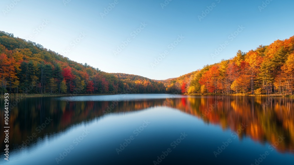 Fototapeta premium Vibrant autumn colors fill Hendrie Valley as leaves of red, orange, and yellow reflect beautifully in a serene lake, framed by towering trees and bright blue skies