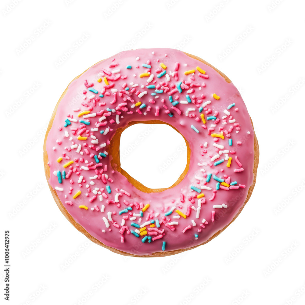 Colorful pink frosted donut with sprinkles Colorful pink frosted donut with sprinkles