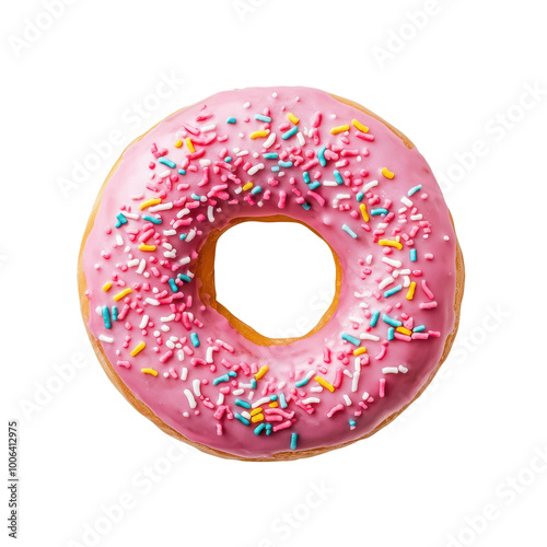 Colorful pink frosted donut with sprinkles photo