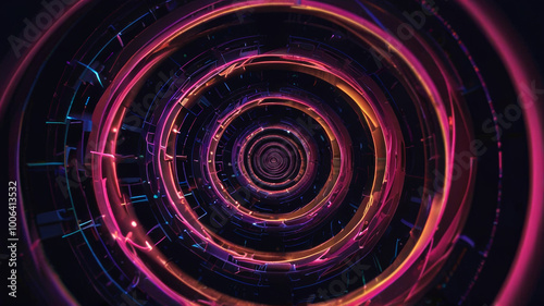 Mesmerizing neon disc emits vibrant, swirling colors to create a mesmerizing and hypnotic visual effect, evokes a sense of energy and movement, perfect for futuristic and abstract themes