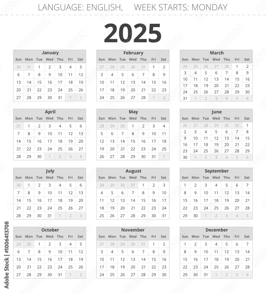 2025 year english vector calendar with 12 months, grey colors. Week starts monday 2025 year english vector calendar with 12 months, grey colors. Week starts monday