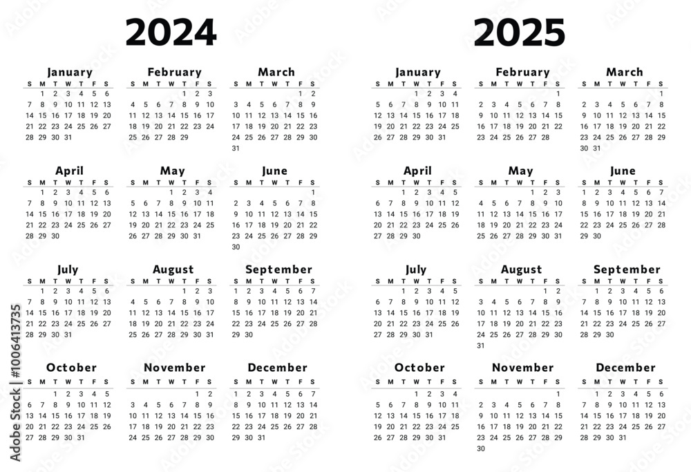 2024 and 2025 year english vector calendars with 12 months, black colors 2024 and 2025 year english vector calendars with 12 months, black colors