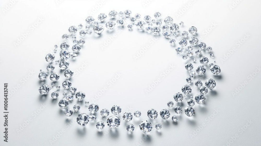 A beautiful circular pattern of sparkling diamonds forming a radiant trail on a white background, symbolizing elegance and refinement A beautiful circular pattern of sparkling diamonds forming a radiant trail on a white background, symbolizing elegance and refinement