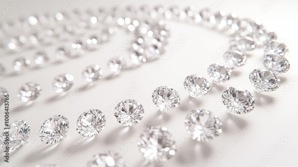 A beautiful circular pattern of sparkling diamonds forming a radiant trail on a white background, symbolizing elegance and refinement A beautiful circular pattern of sparkling diamonds forming a radiant trail on a white background, symbolizing elegance and refinement