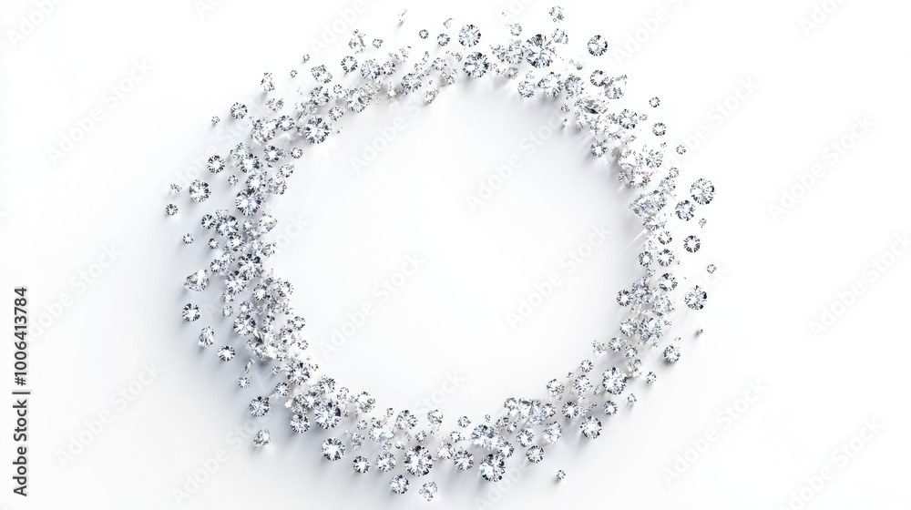A beautiful circular pattern of sparkling diamonds forming a radiant trail on a white background, symbolizing elegance and refinement A beautiful circular pattern of sparkling diamonds forming a radiant trail on a white background, symbolizing elegance and refinement