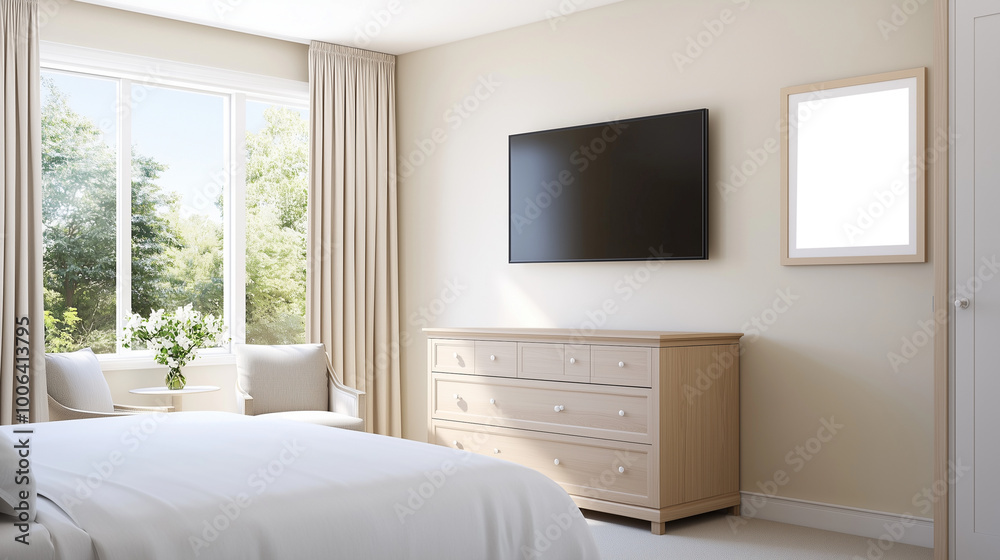 Fototapeta premium A hotel bedroom interior featuring a dresser, a flat-screen TV mounted on the wall, and a large window allowing natural light into the room. A mock-up poster is placed on the wall.